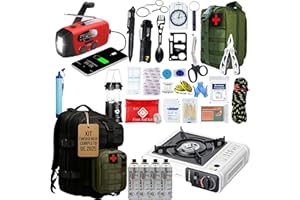 HUMPTI Kit de Supervivencia Completo UE 2025, Mochila Supervivencia 72 Horas Equipada con Camping Gas Portatil, Kit Supervivencia Catastrofe, Botiquín Táctico con Radio Sola, Alicates, Tijeras y Silbato