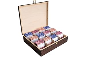 Creative DECO Marrón Caja para Té en Bolsitas Madera Infusiones | 12 Compartimentos | 29 x 25 x 7,5 cm | Varias Medidas | con Tapa y Cerradura | Navidad, Decoupage, Decoración y Almacenaje