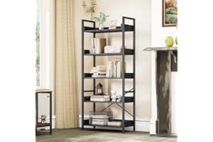YITAHOME Librería de 5 Niveles, Estantería Industrial para Libros de Piso, Estante de Madera y estanterías con Marco de Acero Estable con 4 Ganchos para Sala de Estar, Oficina en casa, Negro
