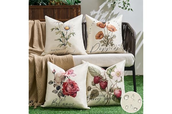 Dorunfeey Lot de 4 Housses de Coussin d'extérieur Fleurs 40 x 40 cm Housse Coussin en Lin Coussin de Canapé Moderne Fleur Motif Abstrait pour Chambre Extérieur Jardin Housse Oreiller