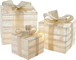 WeRChristmas Pre-Lit Paper String and Gauze Gift Box Set with 42 Warm LED Lights, 15/20/26 cm - White
