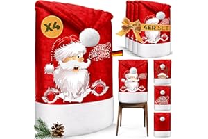 KESSER® Premium Weihnachtsstuhlüberzug 4er Set Stuhlhussen für Weihnachten Nikolausmütze Stuhlbezug Husse Weihnachtsdeko für Stühle Überzieher - Stuhlabdeckung im weihnachtlichen Design, Rot / Weiß