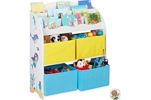 Relaxdays Estantería Infantil, 4 Cajas Tela, Mueble Juguetes, Librería Niños, 98 x 82,5 x 30 cm, Sirenas, Multicolor, Tablero de partículas