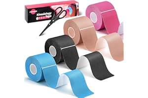 JJSHUND 4 Rolls Precut Kinesiology Tape, Sports Tape Athletic Tape Elastic Waterproof 2 Inch x 16.4 Feet 80 Pcs Strips Muscle Tape with Scissors for Joint Support Protect Muscle