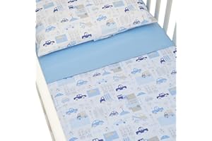CANGOO CARE CangooCare© Set Lenzuola 3 Pezzi Per Lettino Neonato, 60x120 cm, 1 Lenzuolo Di Sotto Con Angoli, 1 Lenzuolo Di Sopra Copripiumino/Sacco, 1 Federa Cuscino, 100% Cotone, Macchinine