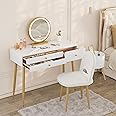 WOLTU Dressing Table with LED Mirror, Adjustable Brightness, Vanity Table and Stool Set, Backrest Adjustable Dressing Chair, Modern Make Up Table with 3 Drawers (A White+gold)