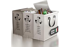 PTMS® Sac tri selectif avec un COUVERCLE - Poubelle tri selectif 3 bac pour le verre, le papier et le plastique - Déchets et recyclage poubelle tri des déchets - Poubelle cuisine facile à vider