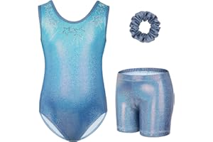 Gogokids, Completo da ginnastica bambina composto da tre pezzi, body senza maniche, pantaloncini e fascia per capelli, tuta danza classica scintillante, con design a colori sfumati, dai 3 ai 12 anni