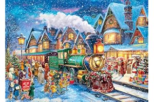 HUADADA Puzzles 1000 Pieces for Adults jigsaw puzzles for adults-Winter Christmas Train Town Festive Folk & Snowy Scenery-1000 Piece Puzzle Classic Educational Games Beautiful Decoration Puzzle