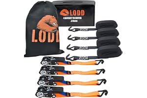 LODD - 4 cinghie a cricchetto 4 m x 25 mm, resistenza 800 kg. Ganci a J plastificati. Conforme al 12195-2. Ideale per fissaggio bagagli, mobili, rimorchi