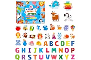 SPRITEGRU 52 Lettres Majuscules Magnétiques, Reconnaissance de Mots, 26 Lettres de l'alphabet Colorées et 26 Images de Dessin Animé Correspondantes, Outil d'apprentissage Éducatif pour Les Enfants