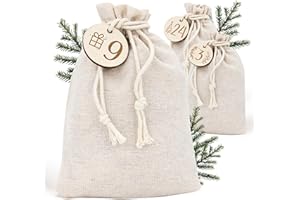 ‎AMARI AMARI ® Adventskalender zum Befüllen – 24 Jutesäckchen mit Holzanhängern & Kordel – Adventskalender Säckchen zum Selbst Befüllen – Wiederverwendbarer Weihnachtskalender