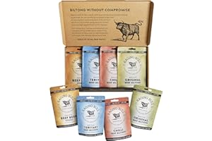 Raging Bull Biltong Taster Pack - 2 x 28g Bags of Original, Chilli and Teriyaki Beef Biltong - 2 x 40g of Original Droewors Sticks - High Protein Snacks - Low Carb Keto Snacks - Carnivore Meat Snack