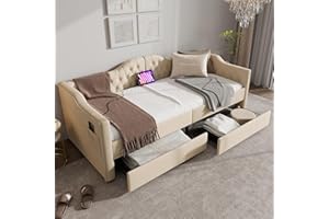 Ctastay Divano Letto Imbottito 90x200 cm Letto Contenitore Struttura Letto con Ricarica USB Tipo C e 2 Cassetti, Letto Domestico, Daybed Beige, Tessuto Velluto，Senza Materasso.