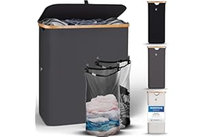 HENNEZ kosz na pranie z pokrywką, 2 wyjmowane worki na pranie, bambusowy składany kosz na pranie, 140 l, ciemnoszary