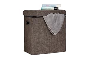 Relaxdays Sgabello Pieghevole, HxLxP: 49,5x46x25,5 cm, Pouf Contenitore, Lino, Poliestere, Legno MDF, Colore Marrone