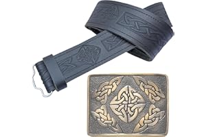 KILT MANIA Kilt Belt and Buckle Set — Celtic Embossed Leather Kilt Belt with Handcrafted Pewter Buckle featuring Celtic Square Design, Perfect for Men’s Scottish Kilts