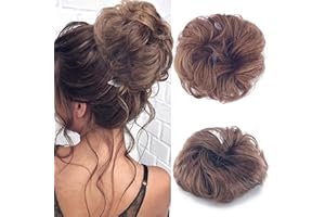 Gairyan Moño Postizo de Pelo Natural Rizado y Ondulado - Coletero Sintético Voluminoso - Extensiones de Cabello para Mujer - Castaño y Castaño Claro