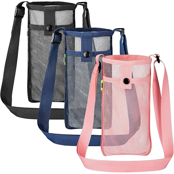 Classicseali 3-Pack Water Bottle Sling Carrier - Adjustable Mesh Shoulder Strap With Pocket, For Hiking, Travel