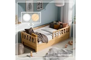 ‎RIVERBANK RIVERBANK Kinderbett 90x200 mit Rausfallschutz. (Natur) Kleinkind Jugendbett Massivholz Kiefer Bettgestell mit Lattenrost & Ausziehbett Beistellbett. Kinder Bett für Mädchen oder Jungen