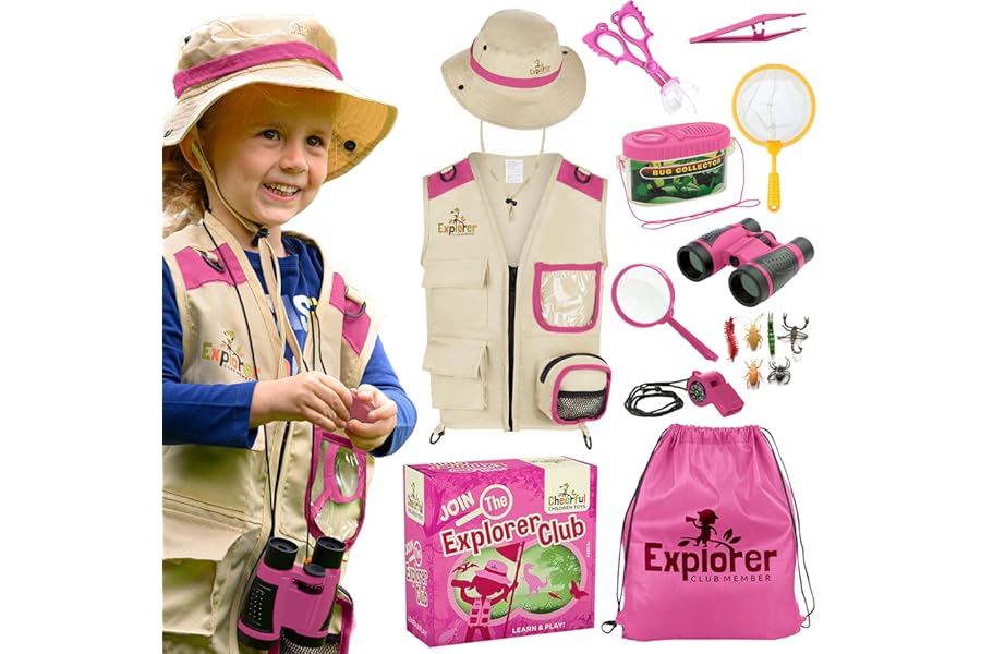 Kids Explorer Kit with Activity Book, Bug Hunting Kits for Children with Safari Vest, Zoo Keeper Hat & Kids Binoculars, Dress Up Toy for Nature & Insect Lovers Ages 3-7 (Pink)