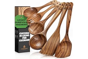 WOODENHOUSE Set Utensili Cucina Legno, Mestoli in Legno, Schiumarola, Wok, Attrezzi Cucina Antigraffio, Fatti a Mano, Resistenti al Calore, 6 pezzi