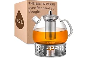 Cosumy Theiere Verre Avec Filtre - Grande 1,5l - Avec Rechaud et Bougie - Lavable au Lave-vaisselle - Résistant à la Chaleur
