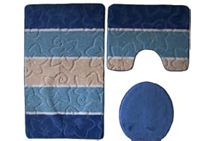 ILKADIM Orion Badgarnitur 3 TLG. Set 50x80 cm Mehrfarbig gestreift, WC Vorleger mit Ausschnitt für Stand-WC (dunkelblau blau Creme)