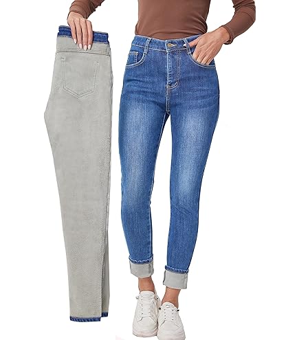 gevoerde jeans voor dames, thermische winterspijkerbroek met fleece
