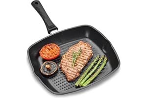 Andrew James Griddle Pan for All Hobs, Steak Skillet for Induction, Gas BBQs, Fire Pits & Camping Stoves, Oven-Proof Non-Stick Aluminium Frying Grill with Removable Handle, Chargrilled Meat Fish & Veg