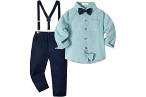Volunboy Bebé Niño Caballero Conjunto, Cuadros Camisa con Pajarita + Tirantes Pantalones 4 Piezas Traje Ropa