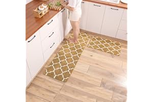 TiRiSMART Kitchen Rugs Non Slip Washable Sets 2 Piece Kitchen Mat Absorbent Soft Microfiber Cushioned Antifouling and Oil Drainage (43cm*61cm+43cm*122cm),Khaki