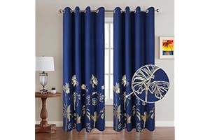 CHLOPHY Navy BLue Gold Blackout Curtains Foil Printed Palm Bedroom Leaves Royal Blue Trees Luxury Eyelet 66×90 Lined Thermal 100% Total Room Darkening Window Curtain Living Room 2 Panels Nursery Boys Girls