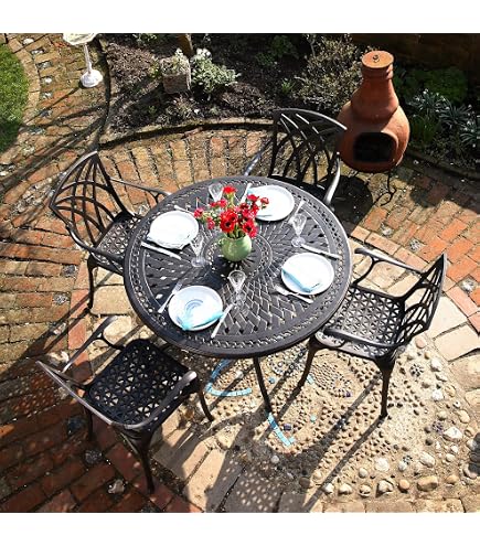 Salon De Jardin Lazy Susan - Table Ronde 120 Cm En Aluminium Bronze + 4 Chaises Roses Avec Coussins Terracotta