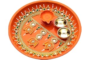 ADITRI CREATION Handcrafted Thali Plate Small Pooja Thali Plate Engagement Ring Platter Decorative Plate Steel Puja Thali with Diya for Aarti Pooja Rituals Festival Wedding Decorations & New Year Gifting(Size- 6")