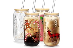 ANOTION Tasses de Noël de 532 ml en verre avec couvercle et paille - Motif sapin de Noël - Élan - Décoration d'intérieur - Cadeaux pour femmes, enfants et hommes