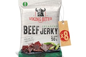 Viking Bites Beef Jerky con Jalapeños 400g (8 x 50 g) - Cecina de ternera - Aperitivo de carne - Con un alto contenido de proteínas