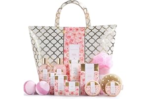 ‎SPA LUXETIQUE Bath Set for Women, Spa Luxetique 15 Part Set Set with rose fragrance, perfect birthday gift for her with shower gel, bath bombs, dry hair cap and spacious handbag gift for dad.
