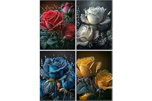 OdiuK 4 Stück Diamond Painting Set, 5D Full Diamant Painting Bilder für Erwachsene DIY Rose Blume Drill Strass Stickerei Kreuzstich Set für Home Wand Valentinstag Décor 30x40cm