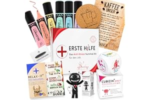 GLÜCKSGUT® Geschenkbox | ERSTE HILFE für den Job | Lustige Bürobox mit 6 witzigen Helfern | Geschenk Kollegen, Chef, Abschied | Voodoo Puppe, Anti Stress Würfel, Textmarker, Post it´s, Geduldsfaden