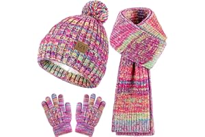 VZV Kinder Winter Mütze Schal Handschuhen Set, Winter Strickmütze mit Bommel Warme Halstuch Gefütterte Fleece-Handschuhe für Jungen Mädchen 2-14 Jahre