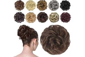 FESHFEN Chignon Postiche Cheveux Extensions Bouclés Ondulés Naturel Synthétique Chouchou Postiche de Cheval Faux Chignon Elastique pour Femme, 42g Brun et Auburn clair mélangés