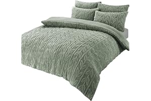 Olivia Rocco Leaf Teddy Fleece Duvet Cover Set Easy Care Quilt Bedding Sets with Pillow Case Thermal Warm Cosy Super Soft Fluffy Comforter Bed linens, King Sage Green