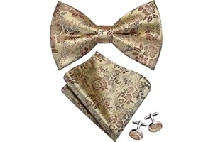 Gusleson Mens Floral Bow Tie Handkerchief Jacquard Woven Adjustable Pre-Tied Bowties Pocket Square Cufflinks Set