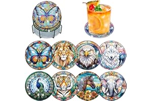 FUMUPE 8 STK Diamond Painting Untersetzer mit Halter, Diamond Painting Tiere aus Buntglas, Diamant Painting Bilder Erwachsene Kinder, Diamant Tassenuntersetzer mit Kork, Basteln, Weihnachten Geschenk