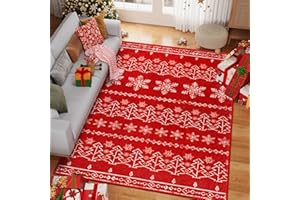 PureCozy Tappeto Natalizio 80x150cm Salotto Camera da Letto Rosso Antiscivolo Lavabile Tappeti Natalizi Cervo Neve Tappetto Per Albero di Natale Grande Pelo Corto Morbido Carpet