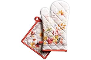 Maison d' Hermine Amarante 100% Coton - Gant de Four (19cm x 33cm) et maniques (20cm x 20cm) pour Barbecue, Cuisson, Four à Micro-Ondes, Barbecue, Thanksgiving/Noël