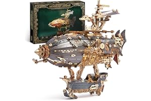 FUNPOLA LED Puzzle 3D en Bois Modèle de dirigeable - Steampunk Maquette en Bois à Construire avec lumières LED - Construction de maquettes de dirigeables pour Adultes (Gris)
