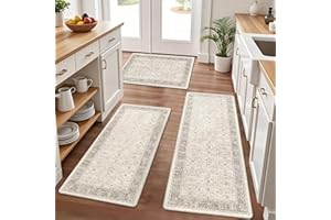 Pauwer Anti Fatigue Kitchen Mat Set of 3 Non Slip Kitchen Mats for Floor Cushioned Kitchen Rugs Comfort Standing Mat Farmhouse Waterproof PVC Foam Kitchen Floor Mat Runner, Khaki