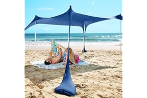 SUN NINJA Tente de Plage Autoportante Pop Up Haute Protection Solaire 50+ avec des pelles à sables, piquets et poteaux Idéal Camping Pêche Jardin (300 x 300cm, 4 poteaux, Marine)